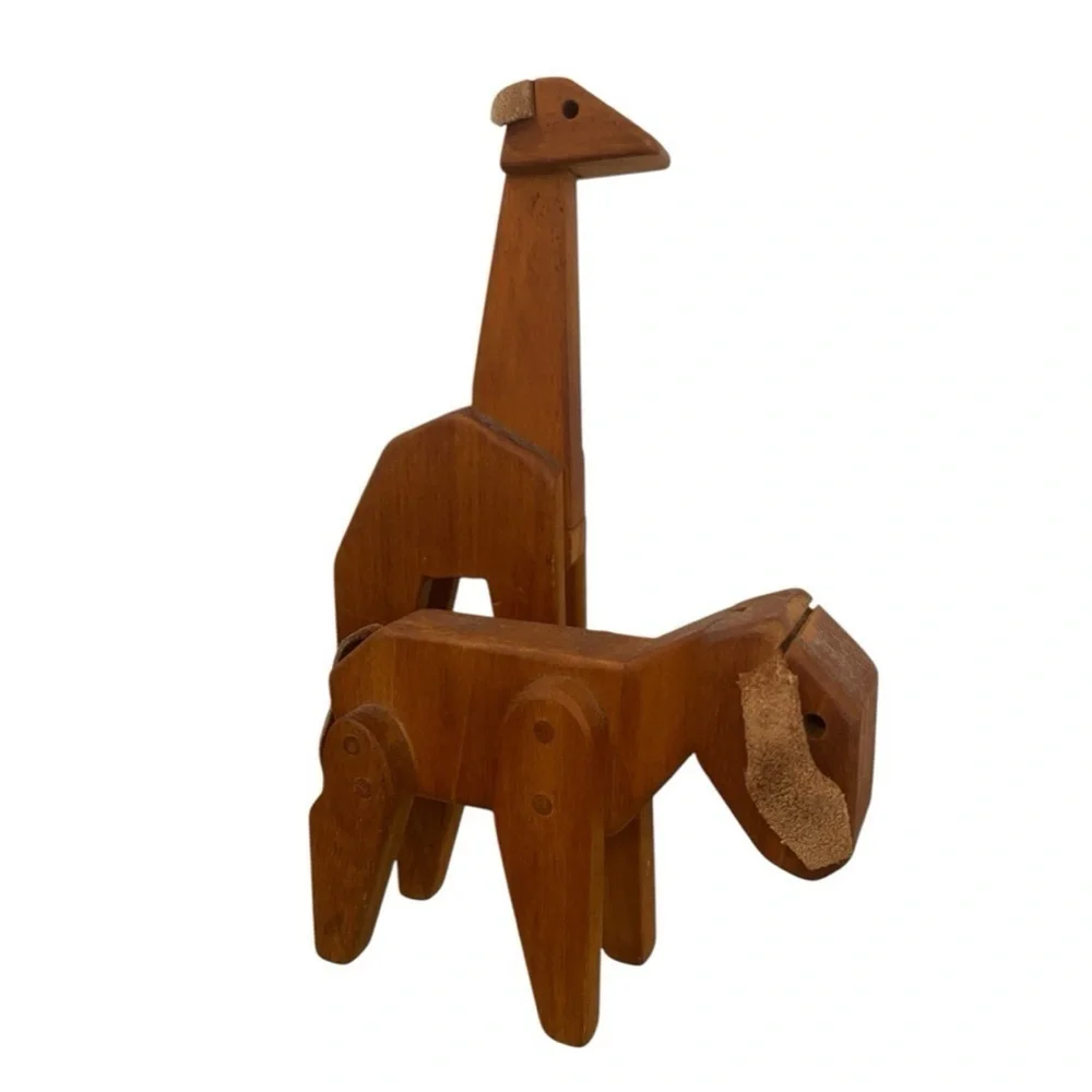 Vintage Handmade Handcrafted Wooden Giraffe And Goat